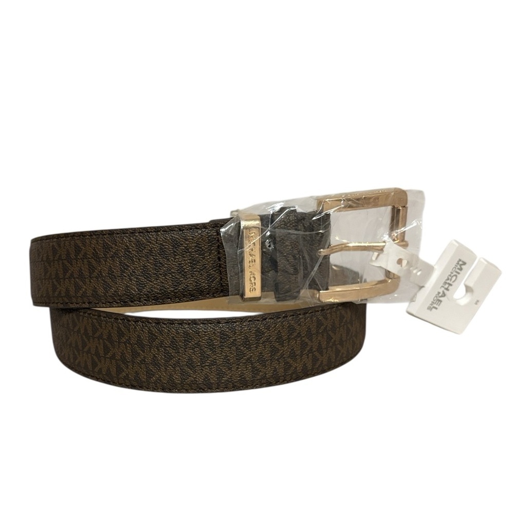 Michael Kors Women’s Signature Logo Belt Gold Buckle Brown Size M New